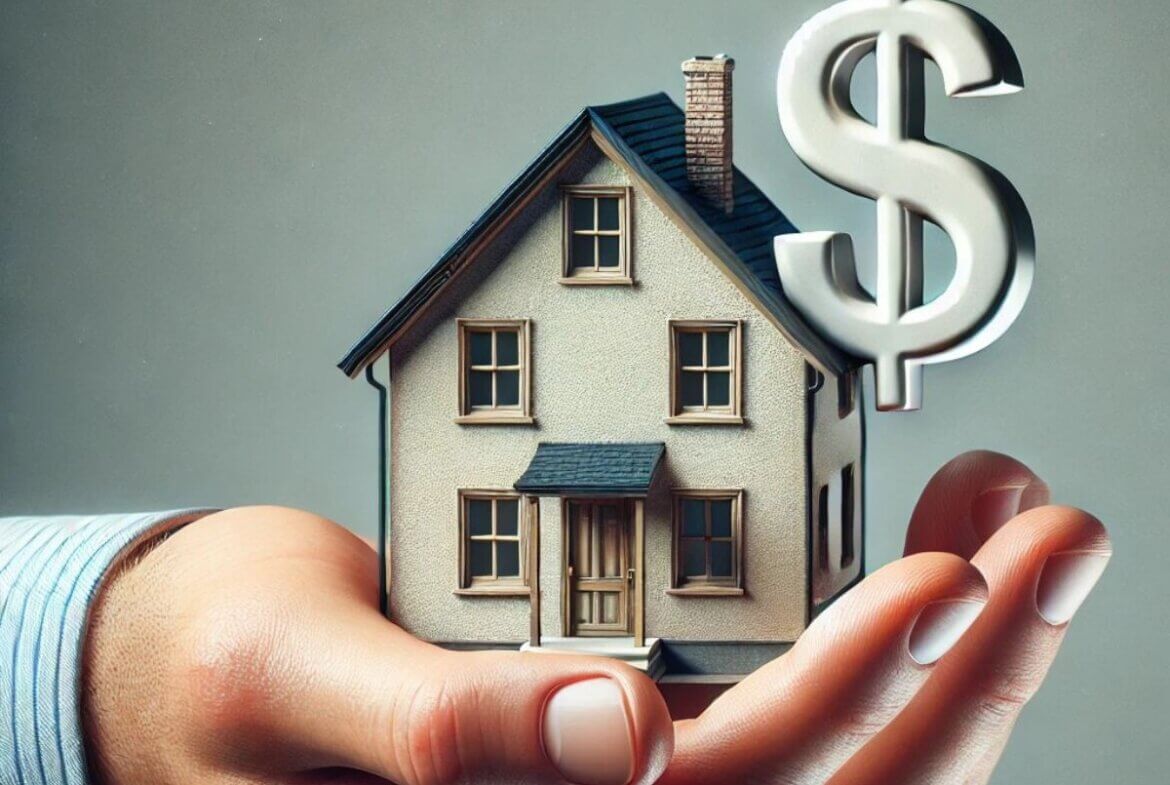 Mano humana sosteniendo una pequeña casa con un signo de dólar
