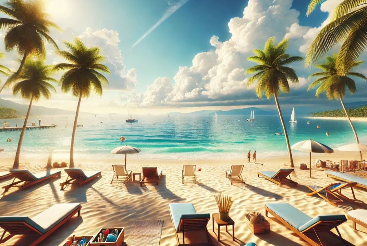 Vista de playa con sillas tumbonas y juegos
