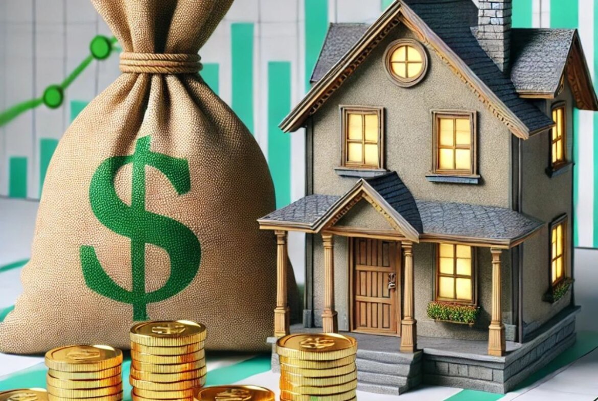 Casa miniatura acompañada de bolsa de dinero con fondo de gráfica de apreciación