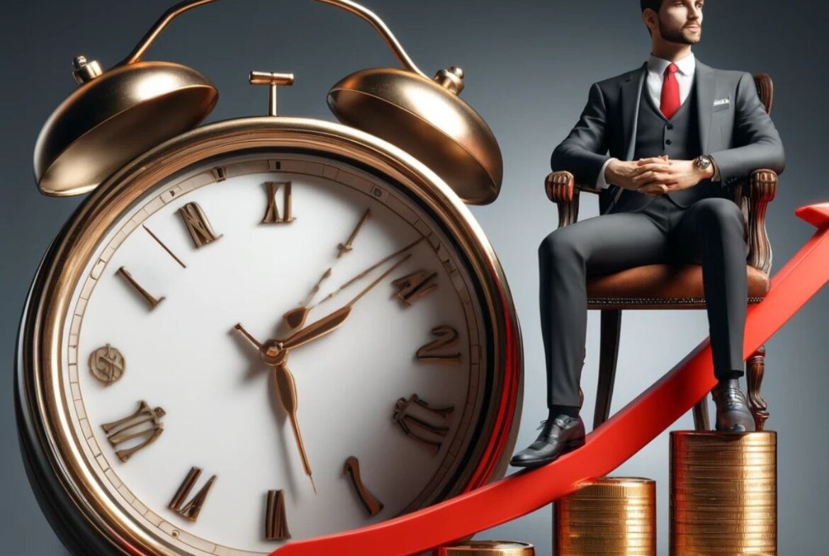 Hombre de negocios sentado sobre monedas de dinero y un reloj al lado