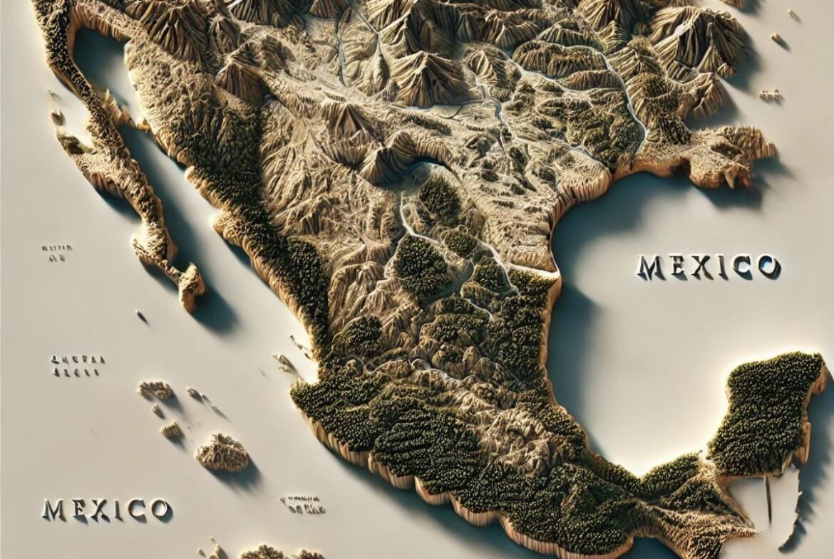 Vista aérea de un mapa de México en tonos beiges