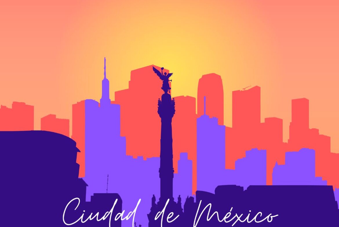Ilustración de Ciudad de México en tonos naranjas y morados
