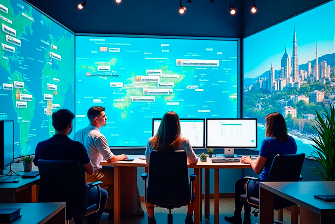 Espacio de coworking moderno con emprendedores desarrollando soluciones digitales para la industria turística, con pantallas interactivas y software de gestión hotelera.