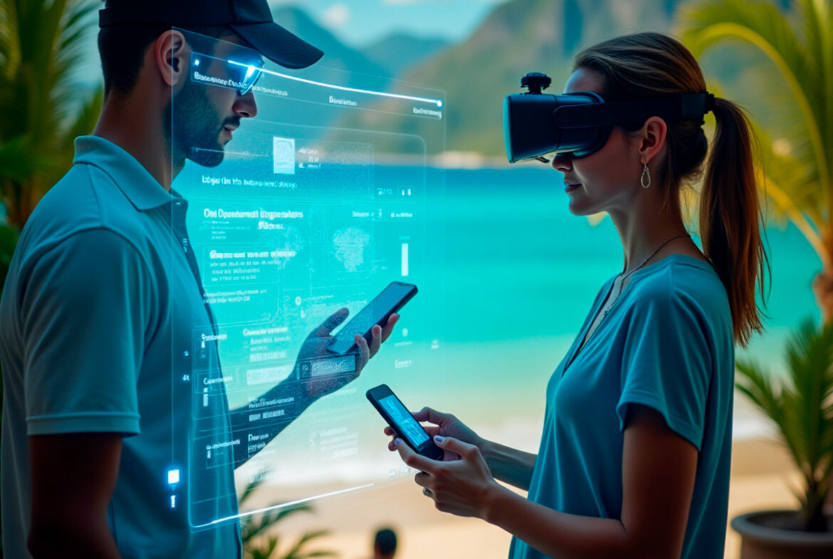 Turista utilizando una interfaz holográfica para reservar experiencias y explorar un resort tropical con asistencia de inteligencia artificial y realidad aumentada.