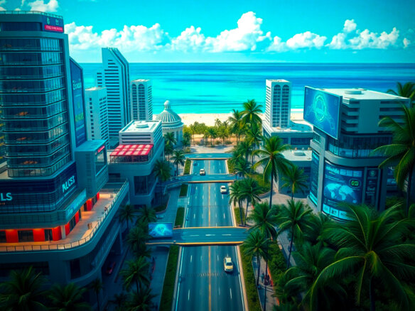 Ciudad futurista en República Dominicana con infraestructura turística inteligente, pantallas digitales y un entorno tropical con palmeras y océano azul