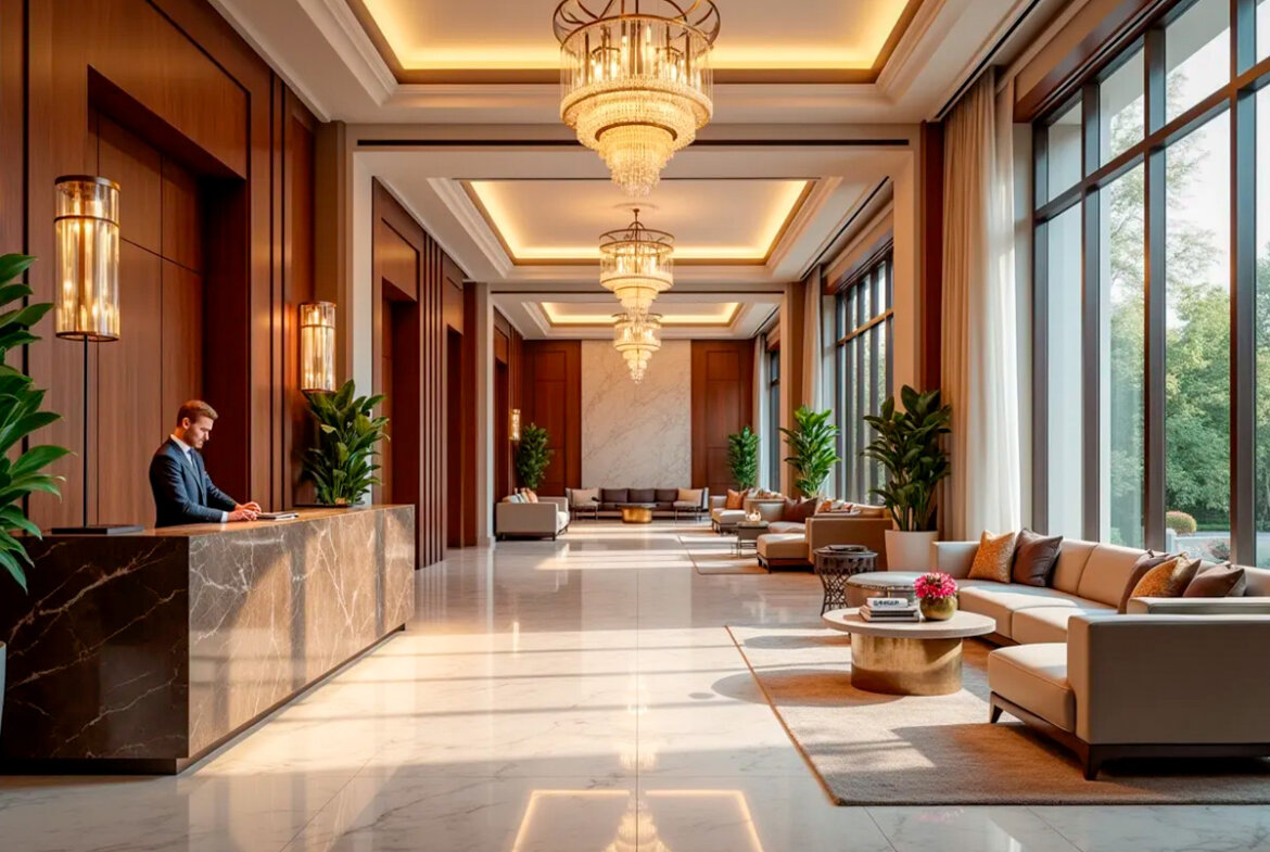 Lobby de una residencia de marca con diseño elegante, suelos de mármol y servicio de concierge de lujo.