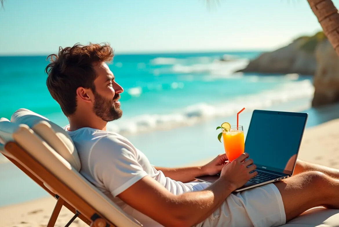 Inversionista relajado en una playa con una laptop y una bebida, disfrutando de los beneficios de vivir de sus rentas inmobiliarias.