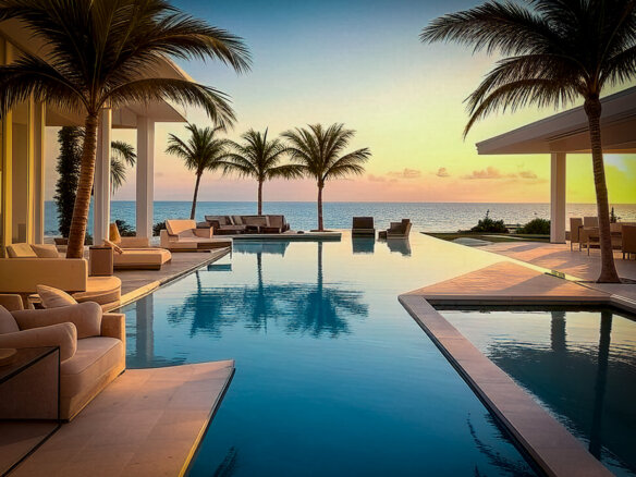 Mansión lujosa frente al mar en Miami con piscina infinita al atardecer