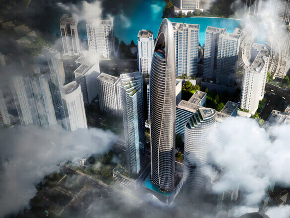 Toma aérea del edificio Mercedes-Benz Places