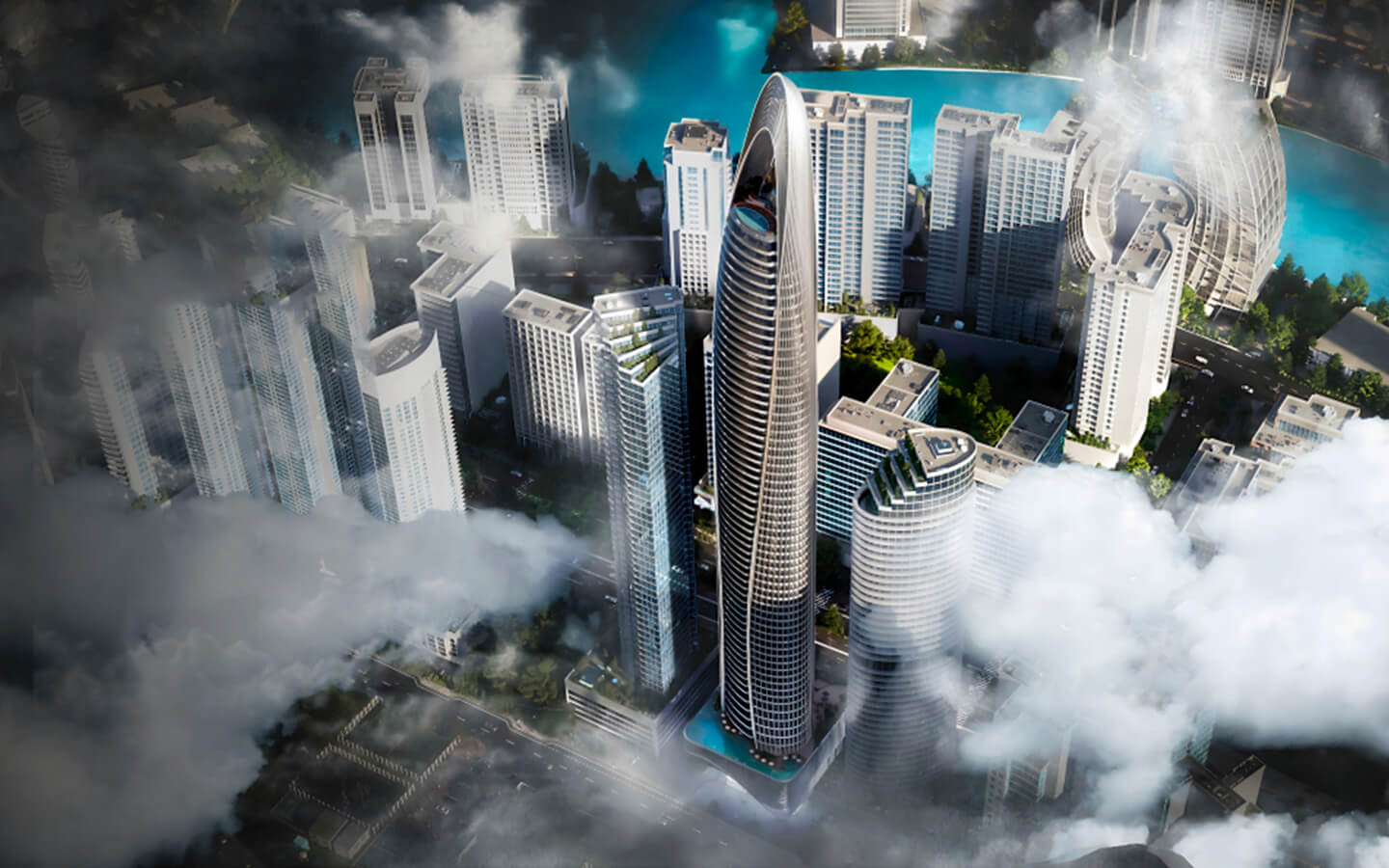 Toma aérea del edificio Mercedes-Benz Places