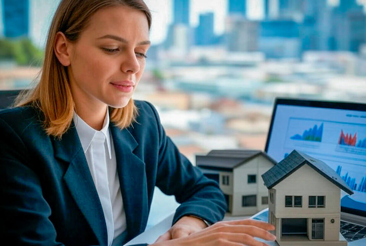 Mujer joven inversionista observando un modelo de casa en miniatura mientras revisa opciones de inversión en bienes raíces en su laptop.