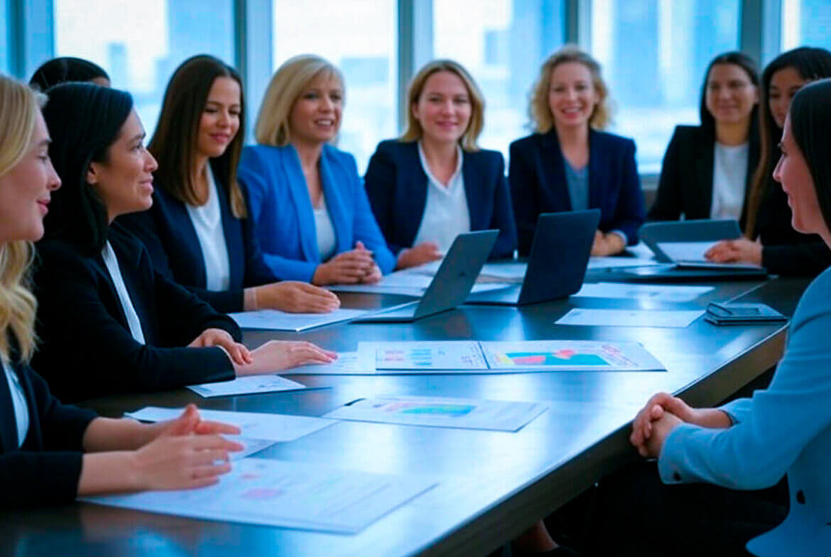 Grupo de mujeres profesionales en una reunión, analizando estrategias de inversión inmobiliaria con documentos y gráficos.