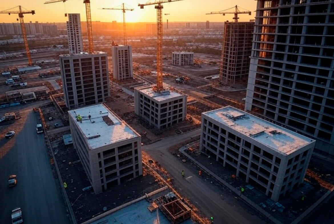 Zona urbana en desarrollo con construcciones activas y grúas, representando el crecimiento económico y el aumento de la plusvalía inmobiliaria.