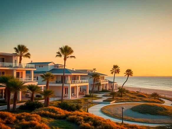 Vista de una zona costera moderna al atardecer, con propiedades frente al mar, palmeras y ambiente tranquilo, ideal para invertir en bienes raíces.