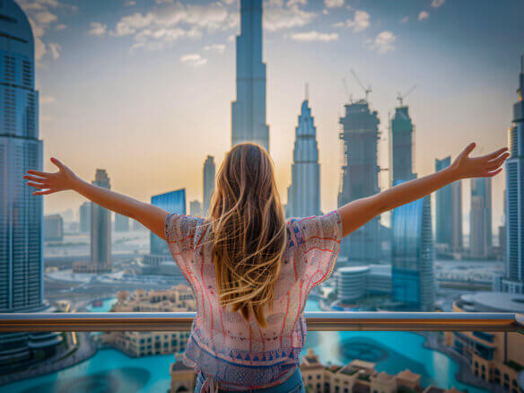 Vista panorámica del skyline de Dubái al atardecer con rascacielos icónicos y zonas residenciales de lujo.