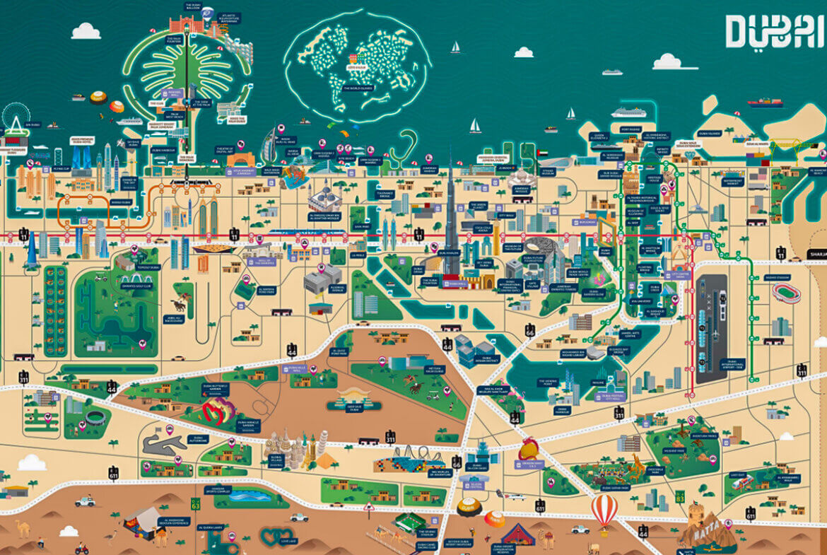 Mapa ilustrado con zonas destacadas para invertir en bienes raíces en Dubái en 2025.