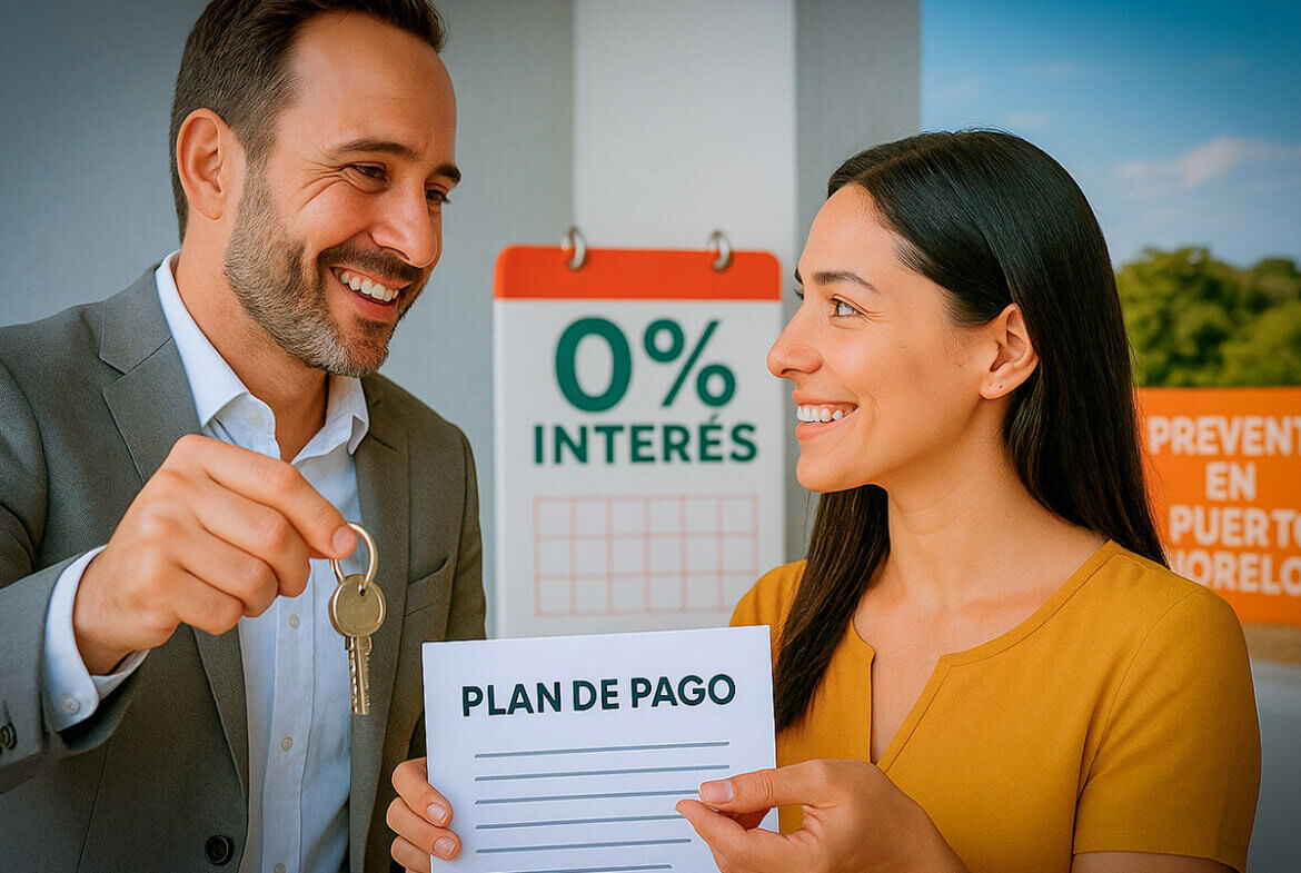 Desarrollador entregando plan de pagos sin intereses en preventa inmobiliaria