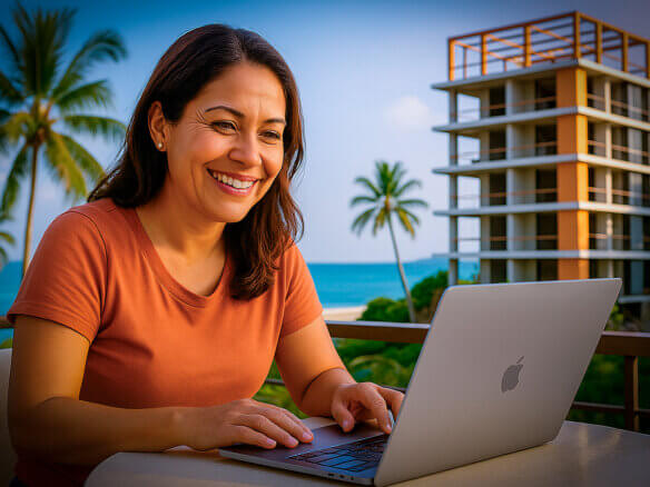 Mujer joven revisando planes de inversión en bienes raíces frente al mar en Puerto Morelos