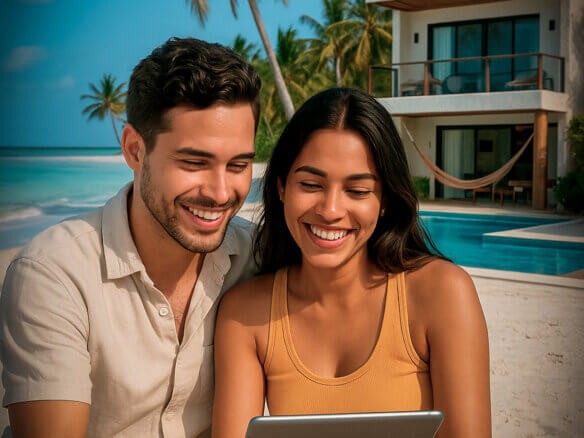 Pareja joven revisando propiedades inmobiliarias frente al mar en Holbox desde su tablet.