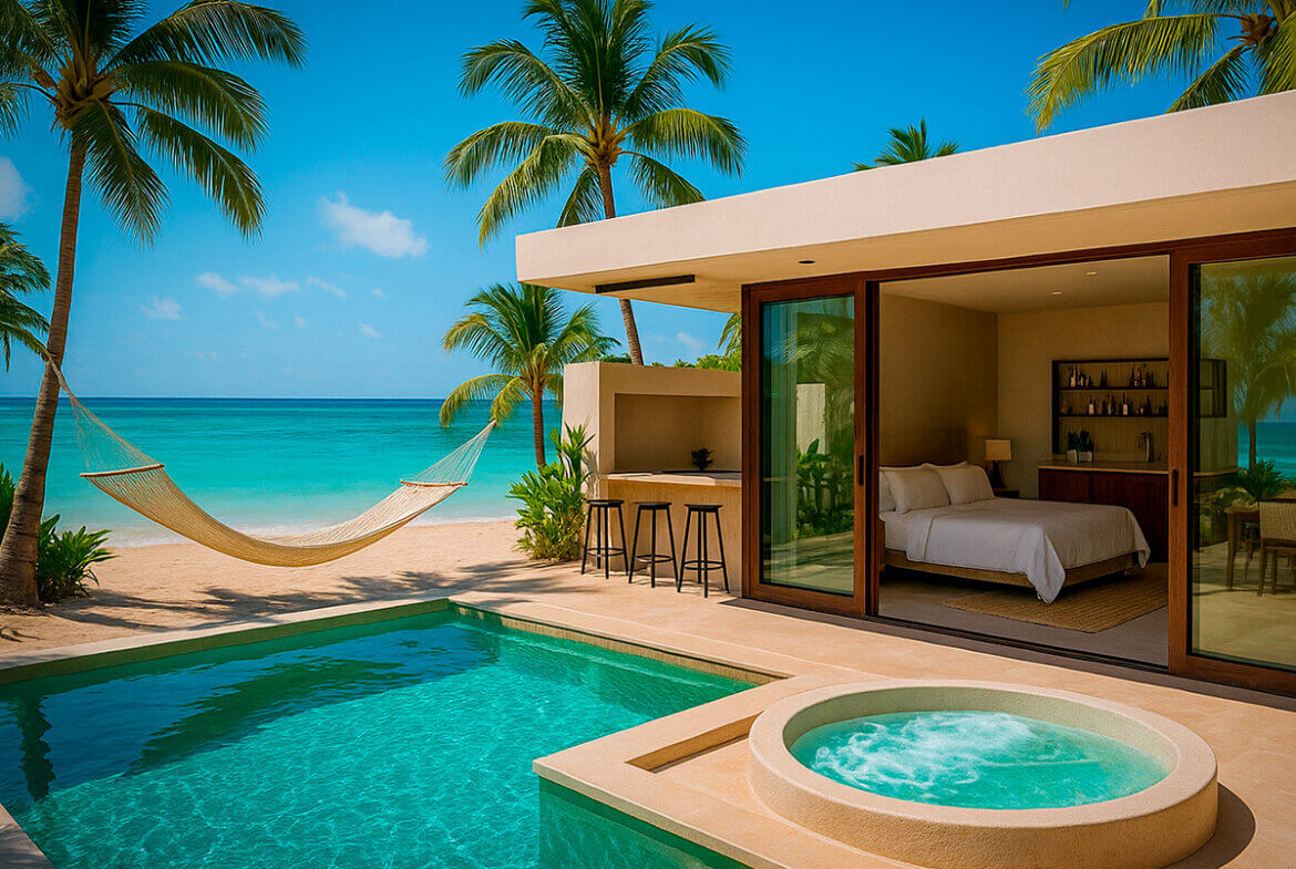 Departamento tipo estudio frente al mar en Holbox con alberca, jacuzzi y zona de hamacas.