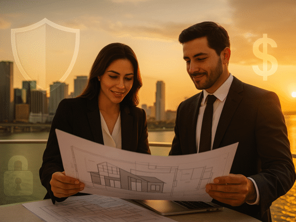 Inversionistas latinoamericanos revisando planos inmobiliarios en una terraza con vista al mar en Miami, representando inversión segura mediante LLC.