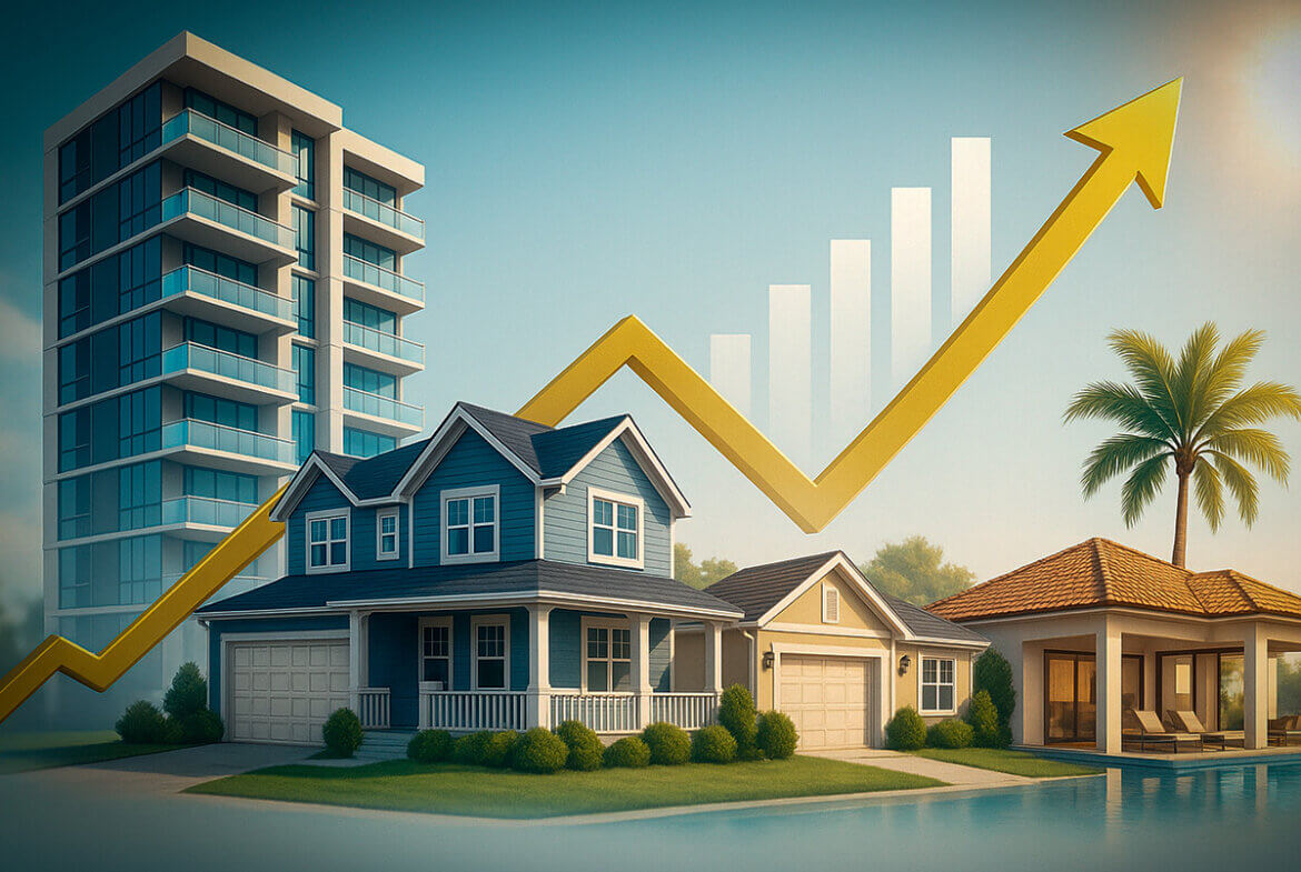 Representación visual de diversificación patrimonial mediante propiedades inmobiliarias en Estados Unidos, simbolizando crecimiento y éxito financiero.