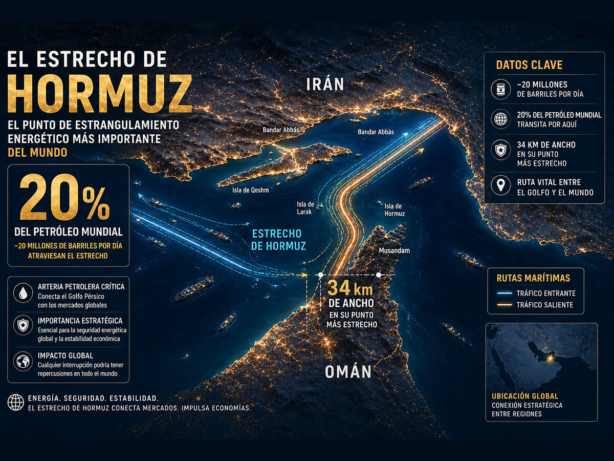 Mapa ilustrado del estrecho de Ormuz mostrando las rutas marítimas del petróleo mundial