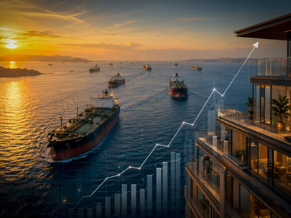 Vista aérea del estrecho de Ormuz con buques petroleros y gráfica de inversión inmobiliaria al fondo