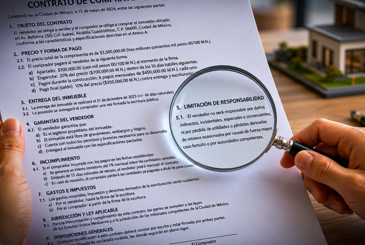 Persona revisando un contrato de preventa inmobiliaria con lupa, identificando cláusulas abusivas en letra pequeña