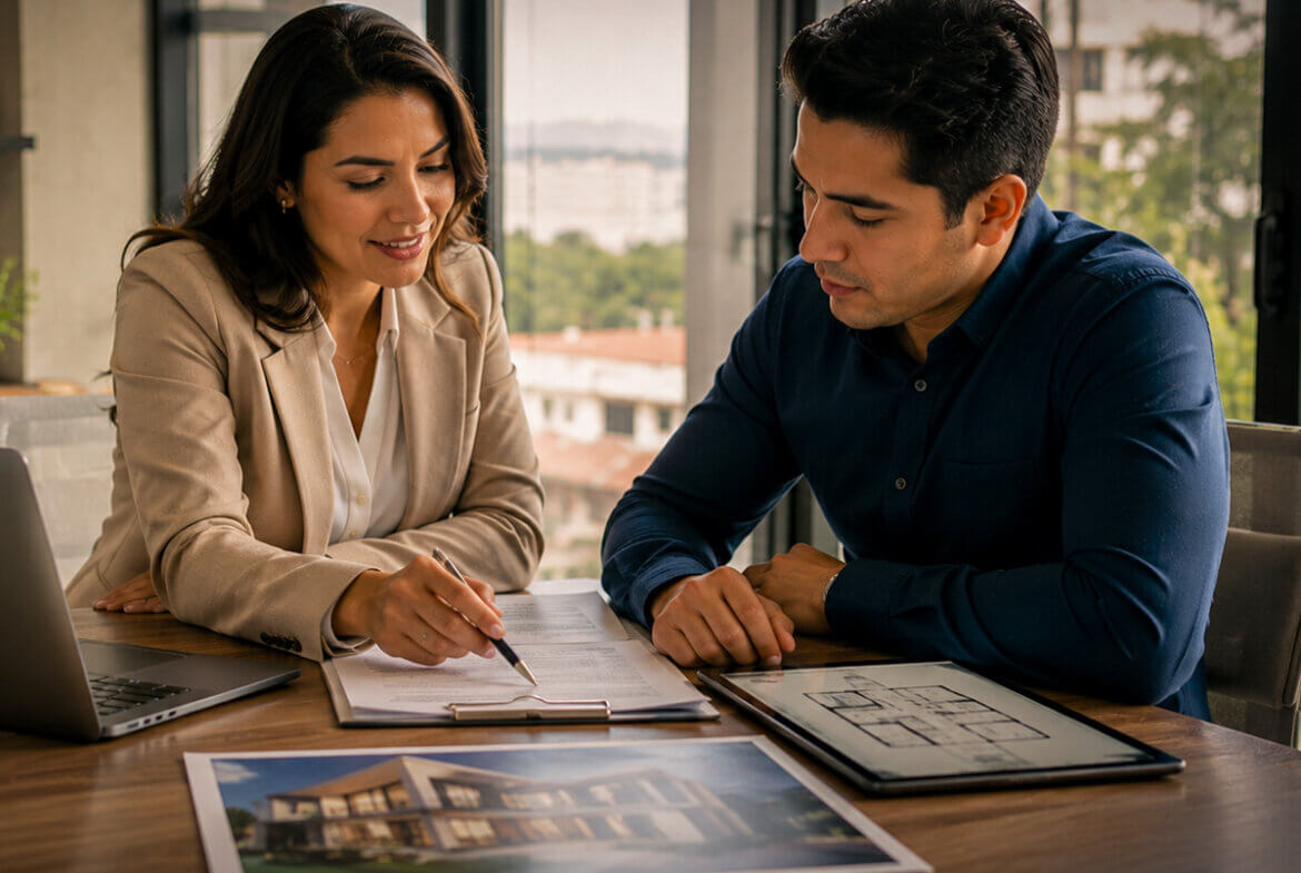 Comprador de inmueble recibiendo asesoría profesional para comprender una operación inmobiliaria segura.